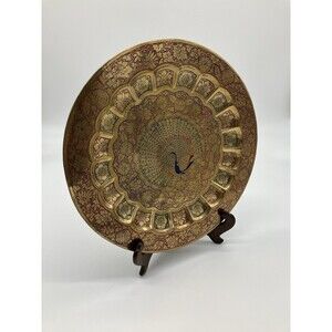 Vtg. Indian Brass Peacock Tray/ Wall Decor Ornate Embossed Gold Boho Maximalist